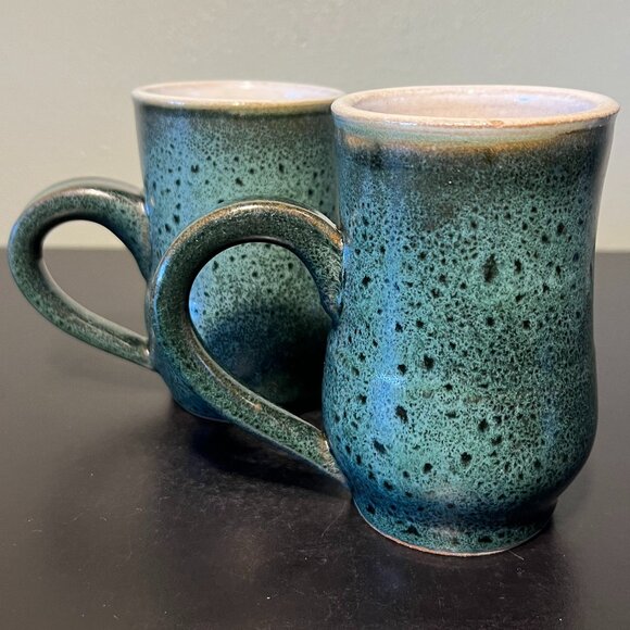 Pair of Handcrafted Green Glaze CS Pottery Mugs w/ Large Black Speckles - Picture 3 of 13